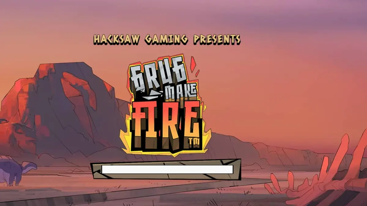 Grug, o protagonista caveman do slot Grug Make Fire, em um cenário pré-histórico estilizado.