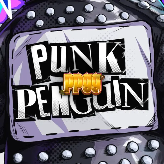 Pinguim punk em um concerto com luzes neon e elementos musicais