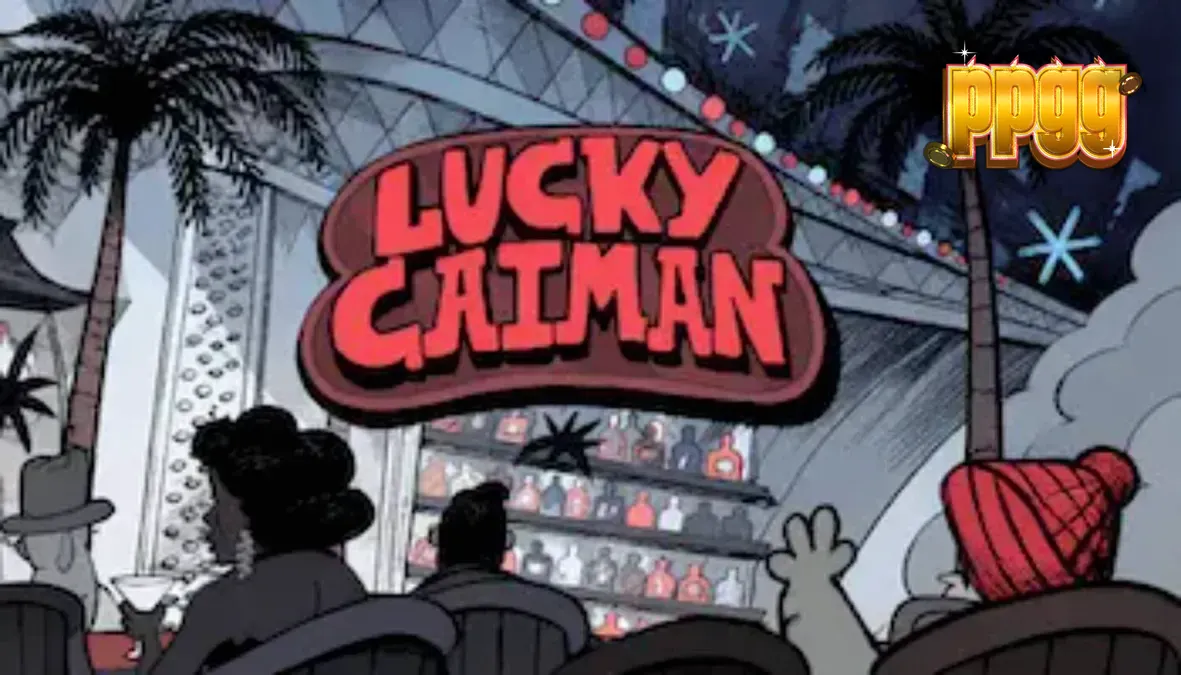 Cena do jogo de slot Lucky Caiman com o crocodilo anfitrião e os símbolos temáticos